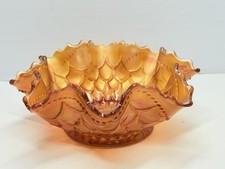 Antique Dugan Fishscale & Beads Marigold Carnival Glass Ruffled Bowl picture