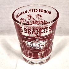Vintage Long Branch Saloon Shot Glass Dodge City KS Boot Hill Souvenir Red picture