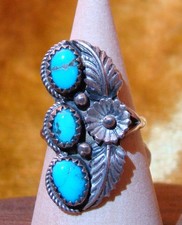 Vintage Sterling Navajo 3 Stone Turquoise Ring Size 6.50 picture