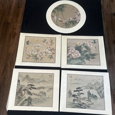 Vintage Chinese Art Prints Set of 5 Silk Faced Board Birds Flowers CAC Hong Kong picture