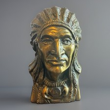 Vintage Cheyenne Wyoming Native American Chief Cast Metal Coin Bank picture