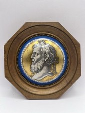 Vintage Classical Profile Portrait Plaque Blue & Gold Wood Frame 7”  picture