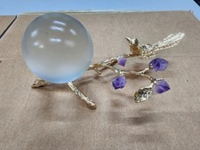 Decorative Gold Tone Bird Branch Sculpture Frosted Glass Orb Amethyst Accent picture