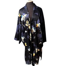 Reversible Navy Floral Satin Japanese Kimono Large  picture