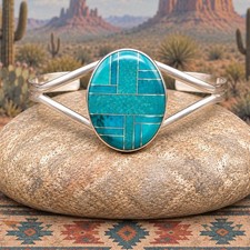 Native American Blue Green Turquoise Inlay Cuff Signed JB Sterling Silver picture