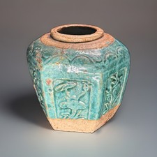 ✨ Vtg Chinese Shiwan Style Turquoise Green Glazed Hexagonal Ginger Jar Pottery picture