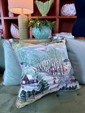 50’s Grandma Moses Art Deco Miami Beach Mid Century Barkcloth Vintage PILLOW CVR picture