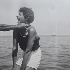 VTG B&W Photo Snapshot of a Hand Playfully Choking Young Woman by Ocean w Boat picture