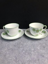 2 Vintage Phoenix Bone China Teacup Saucer Hand Painted Green Flora England picture
