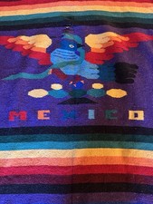 Vintage Mexican Woven Blanket Thunderbird Bright Colors Fringe picture