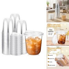 Ziliny 100 Sets 12 Oz Clear Plastic Cups Strawless Sip Lids, Thickened Clear picture