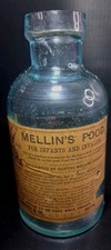 Antique 1890s Mellins Infant Food Bottle Aqua Glass W/Rare Origonal Paper Label picture