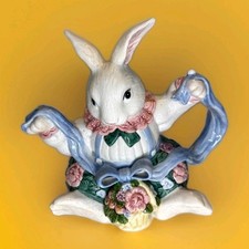 1991 Fitz & Floyd Spring Bunny Rabbit Hand Painted Easter Teapot Cottagecore picture
