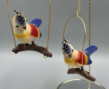 1970s Pair BIRD On Perch Flocked Hanging MCM Vintage Decor picture