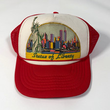 VTG 80s Statue of Liberty New York City Trucker Hat Twin Towers Snapback Red picture