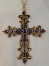 Delightful Openwork Lacy Swirled Blue Rhinestones Cross Antiqued Gold Necklace picture