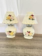 Vtg.Set Of 2 Victorian Style Porcelain Lamp w/ 3D Flowers 11