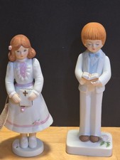 Vintage Enesco First Holy Communion Figurine Pair 1981 Boy Girl White Suit Dress picture