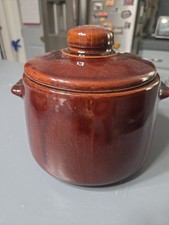 Vintage West Bend Brown Glazed Stomeware Bean Pot Crock With LID & HANDLES picture
