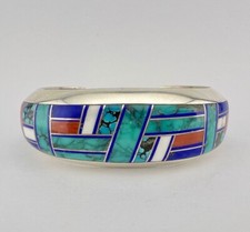 Vtg Phillip Sanchez Navajo Sterling Silver Multi Gem Flush Cuff Bracelet 101g picture