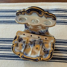 Antique Flow Blue Soap Dish Toothbrush Victorian Gold Azalla Bisto England VTG picture