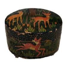 Vintage Paper Mache 2.5” Ring Trinket Box with Deer In the Forest Lidded India picture