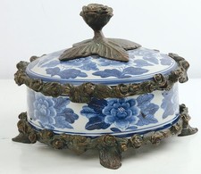 Maitland Smith Hand Painted Porcelain Box Brass Ormolu Floral Rose Trinket Dish picture