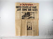 ORIGINAL WWII Dec 8, 1941 newspaper Japan attacks Pearl Harbor, US DECLARE WAR picture