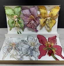 Vtg QVC Set of 6 Butterfly Fairy Christmas Ornaments Posable Glitter Doll Wings picture