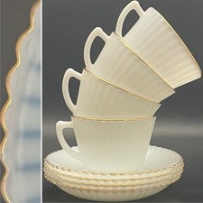 MacBeth Evans 8pc 24Kt Gold Trim Petalware Opalescent Monax Tea Cups & Saucers picture