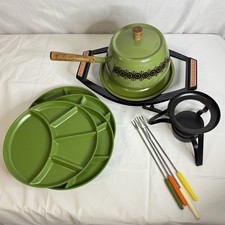 Vintage 70s Avocado Green Fondue Set w/ Plates Stand Forks Retro MCM Japan picture