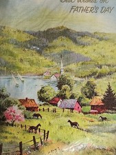 Vintage Father’s Day Card Horses Farm Lake Scenic Unused Sealed Mid Century USA picture