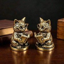 1pc Vintage Brass Cat Figurine Wearing Glasses Reading Cat Desk Decor Gift picture