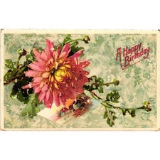 Vintage 1912 Birthday Postcard Pink Chrysanthemum Flower Sherman NY Postmark picture