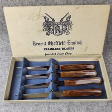 Vtg Regent Sheffield English Stainless Set of 4 Steak Knifes MCM Handles w/Box picture