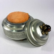 Vtg Silver Aluminum Round Vanity Powder Puff Music Trinket Box Flower Top Works picture