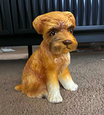 Vintage Hand Painted Ceramic Sitting Dog Figurine, Brown & White, Glossy Finish picture
