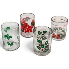4 VTG Christmas Glass Votive Holders. Holly Berries Leaves Poinsettias Bows 2.75 picture