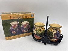 Vtg 3D Tuscany Raised Grapes Salt Pepper Shaker Set Ceramic w/Metal Holder Cert  picture