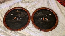 Vintage Japanese Black Lacquer Wall Plaques Mother of Pearl Inlay Mt Fuji Pair picture