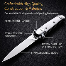 Spring Assisted Stiletto Pocket Knife Stainless Steel Pearl EDC picture