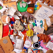 Antique & Vintage Miniature Lot in VTG Tin Curiosity Cabinet Trinkets Ephemera picture