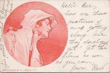 Artist-Signed PC 1907 R.L. Wells Woman in Hooded Cape & Hoop Earrings picture