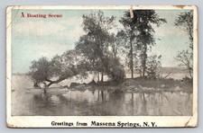 Postcard Boat Boating Scene Greetings From Massena Springs New York P887 picture