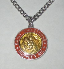 VINTAGE STERLING SILVER ENAMEL SAINT CHRISTOPHER MEDAL PENDANT CHAIN NECKLACE picture