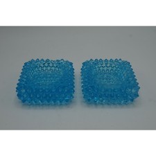 Aqua Blue Hobnail Glass Square Candle Holders Pair Mid Century Pressed Glass picture