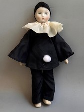 Vintage Porcelain Pierrot Doll Black Costume Sad Clown Figurine Collectible picture