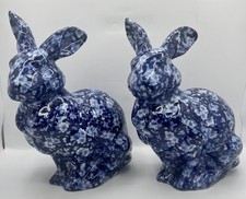 Pair Blue White Floral Ceramic Bunny Rabbits Chinoiserie Decor 12” Rare, NICE. picture