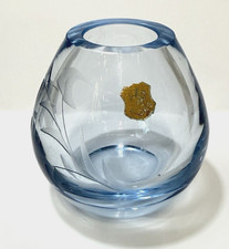 Vintage Afors Kosta Boda Sweden Blue Crystal Vase Etched Leaf 4.5” Art Glass picture
