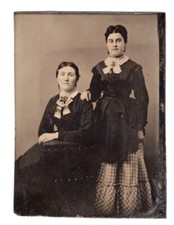 1/6 Plate Tintype c1878 Two Women Tinted Cheeks Checker Pattern Skirt picture